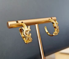 Auth. YVES SAINT LAURENT YSL LOGO CRYSTAL Small HOOP EARRINGS Gold Tone