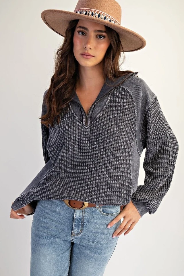 Easel Women's Thermal Waffle Knit Zip-Up Long Sleeve Washed Top in Ash Navy - Image 3 of 4