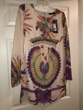 Ark & Co Anthropologie Long Sleeve Off White Dress W/ Colorful Feathers $48 Sz S