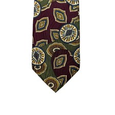 Oscar de la Renta Mens Silk Tie Burgundy Green Gold Geometric Medallion USA Made