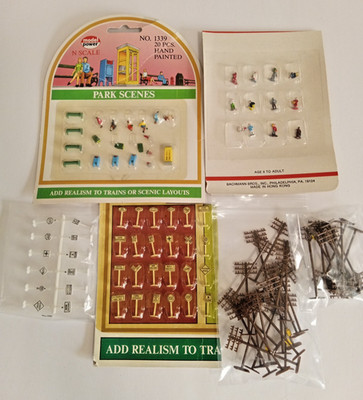LOT of N Scale Model Railroad Accessories Signs/Poles/Figures/Scenery