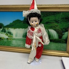 20 in VINTAGE HAPPY CLOWN DOLL HAND PAINTED CERAMIC HEAD  METAL STAND