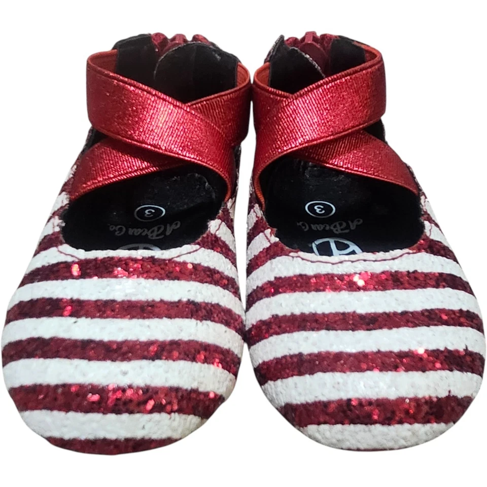 A Bear Co Toddler Size 3 Red White Candy Stripe Glitter Ballerina Flat Christmas - Image 3 of 4