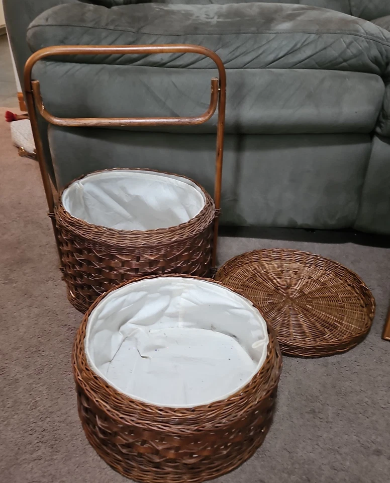 Vintage 2-Tier Chinese Asian Wedding Basket Woven Wicker Rattan Bamboo/Cane Boho - Image 2 of 4