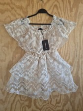 PRETTYLITTLETHING White Lace Off Shoulder Ruffle Dress Embroidered USA 12