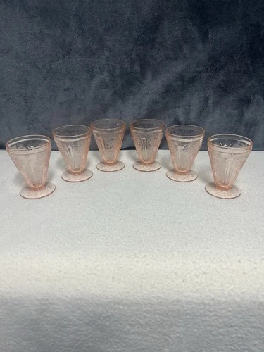 6 Vintage Jeanette Pink Depression Cherry Blossom Footed Juice Glasses, 3.5”￼