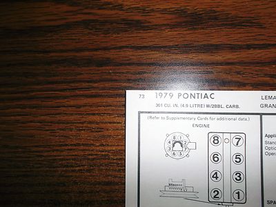 1979 Pontiac Series Code Y 4.9 Litre 301 V8 2BBL SUN Tune Up Chart ...