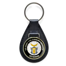 US Army 17th Cavalry Brigade Veteran Black Leather Keychain Silver Keyring