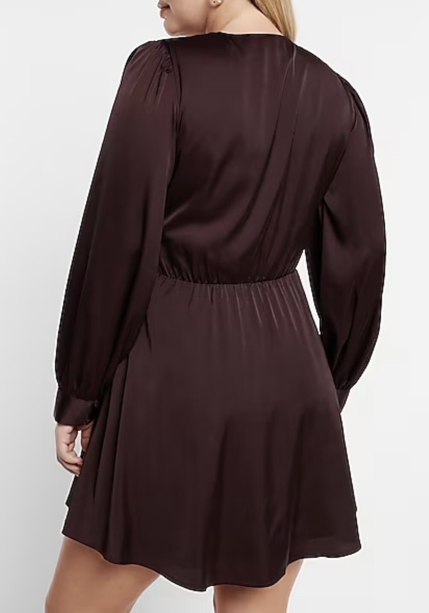 Express Satin Long Sleeve Tie Waist Mini Dress Brown Size Medium | eBay