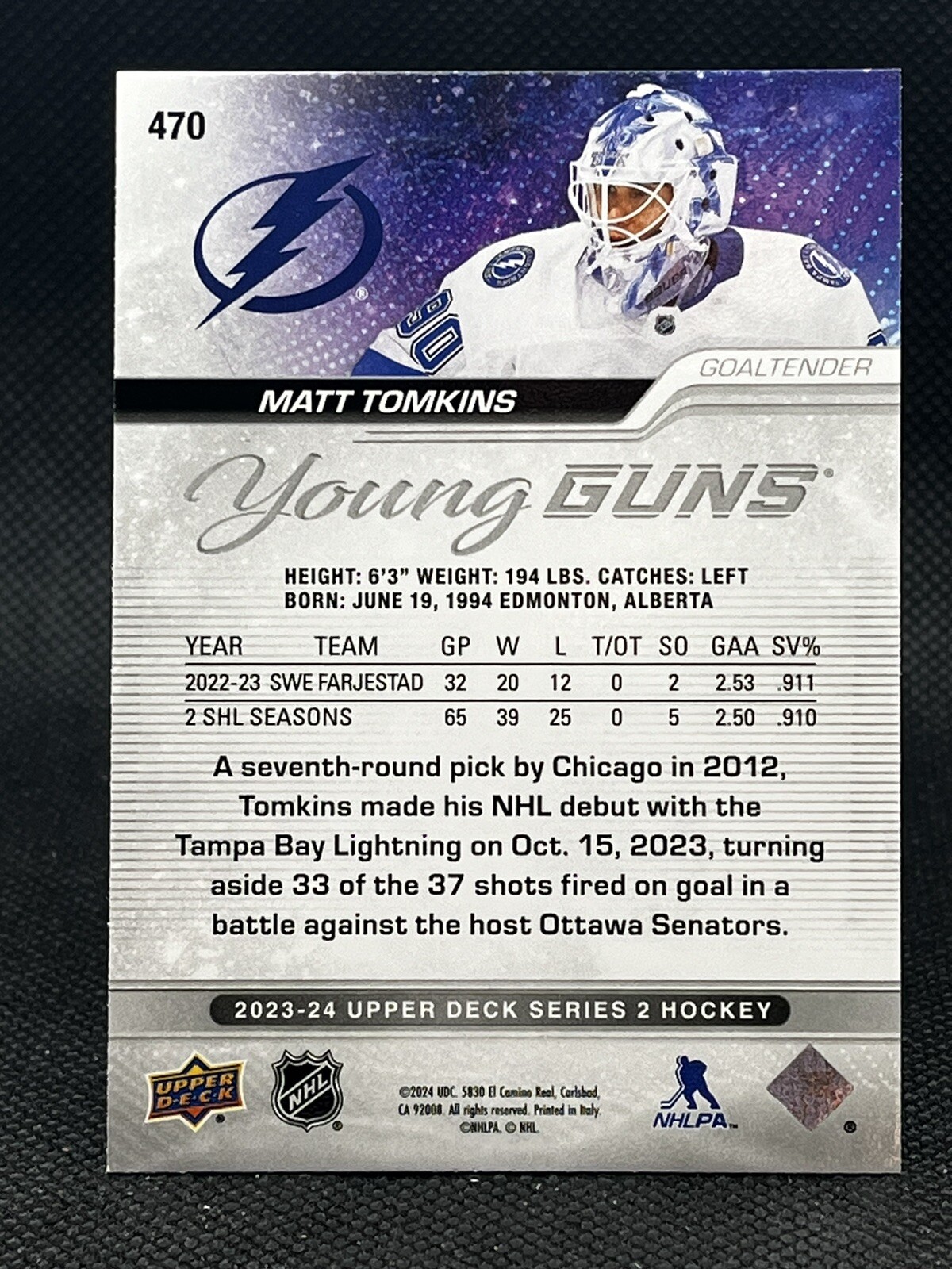 202324 Upper Deck Series 2 Matt Tomkins YOUNG GUNS 470 Tampa Bay