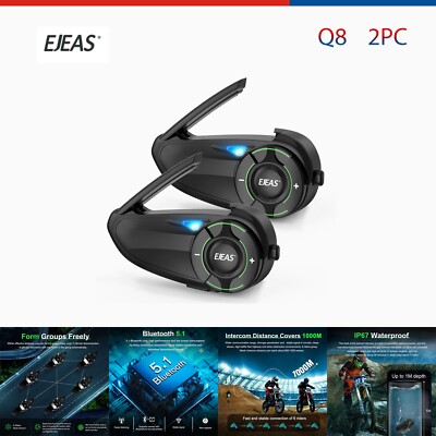 EJEAS Q8 Motorcycle Bluetooth 5.1 Group Intercom Mesh 6 Rider 1000m Headset 2PC