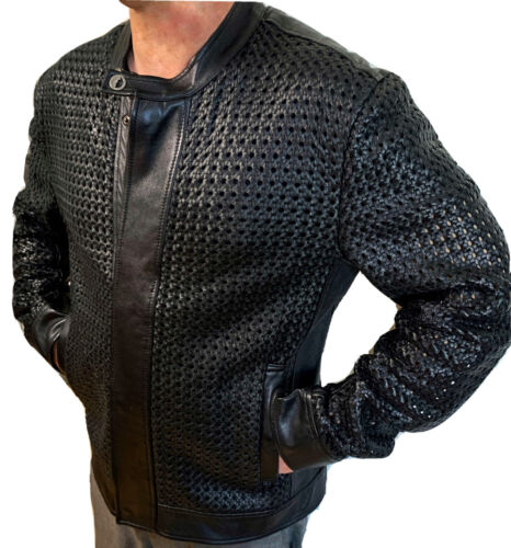 VERSACE COLLECTION Woven Black Leather Jacket Men’s EUR Size 52 Zip-Up  4-Pocket