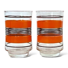 Set of Two Vintage LIBBEY Striped Orange and Black Juice Glasses 3.3/4" MCM 70's