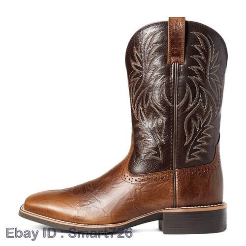 Mens Knight Embroidered Pull On Western Mid Calf Square Toe Cowboy Leather Boots - Picture 7 of 26
