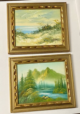Vintage Set Of 2 Oil Painting Canvas Seascape & Forest Landscape Signed Framed