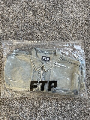FTP Frayed Denim Chore Jacket Mens XL Logo Full Zip Dirt Wash | eBay