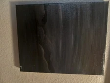 Small dark canvas acrylic painting, water & mountai