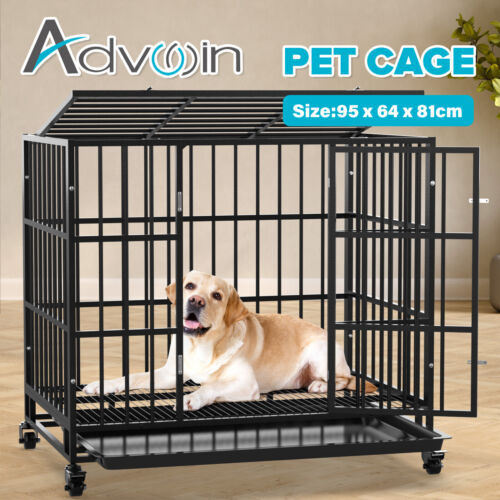 38'' Dog Crate Metal Pet Cage Heavy Duty 95cm Portable Kennel House with Wheels - Picture 1 of 12