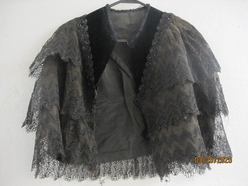 Authentic Antique Victorian 1890-1900s Black Satin Lace Beaded Capelet - Picture 11 of 11