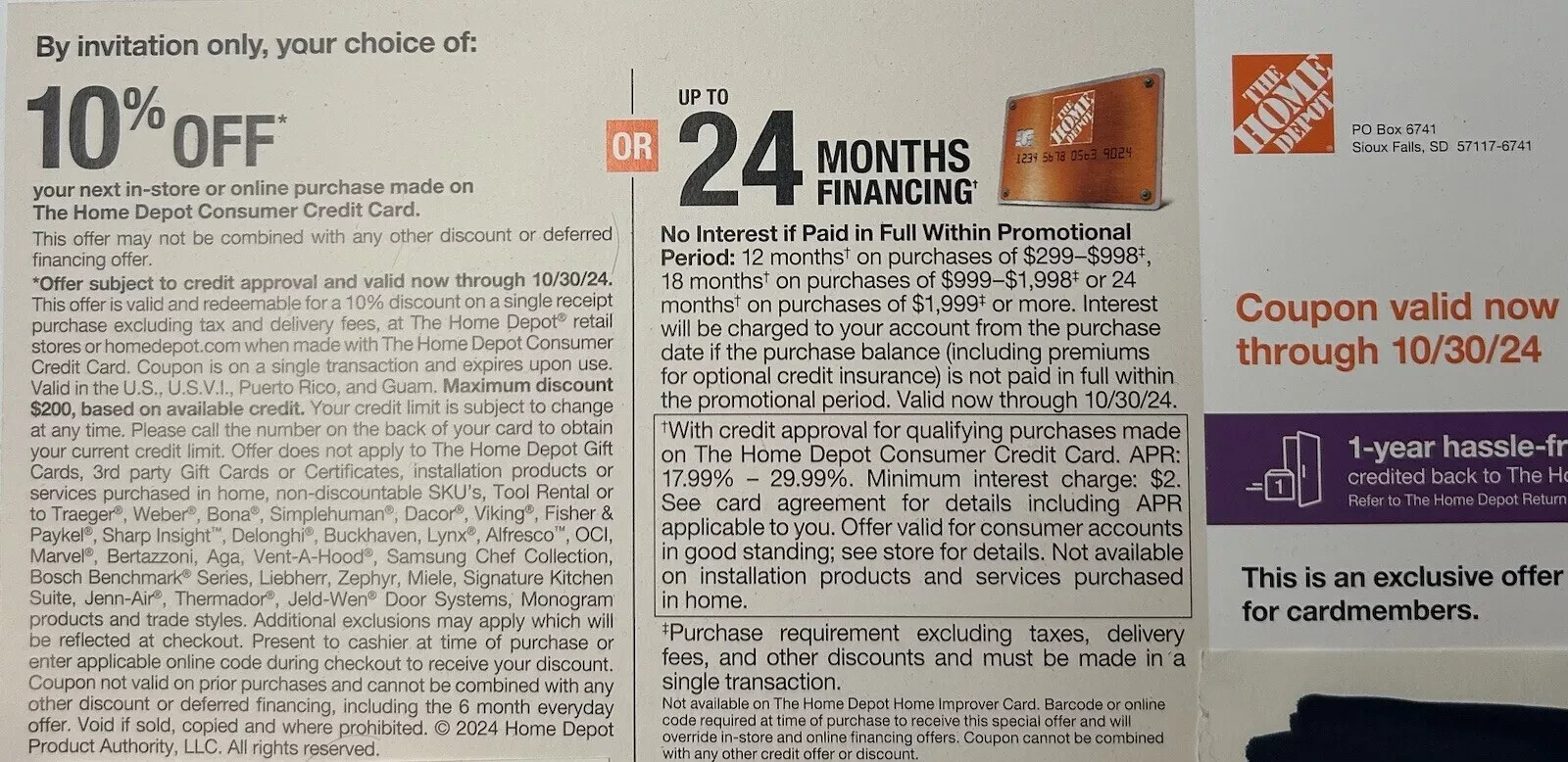 Home Depot Coupon 10 Off or 24 Months Financing (Valid Thru 10/30/2024