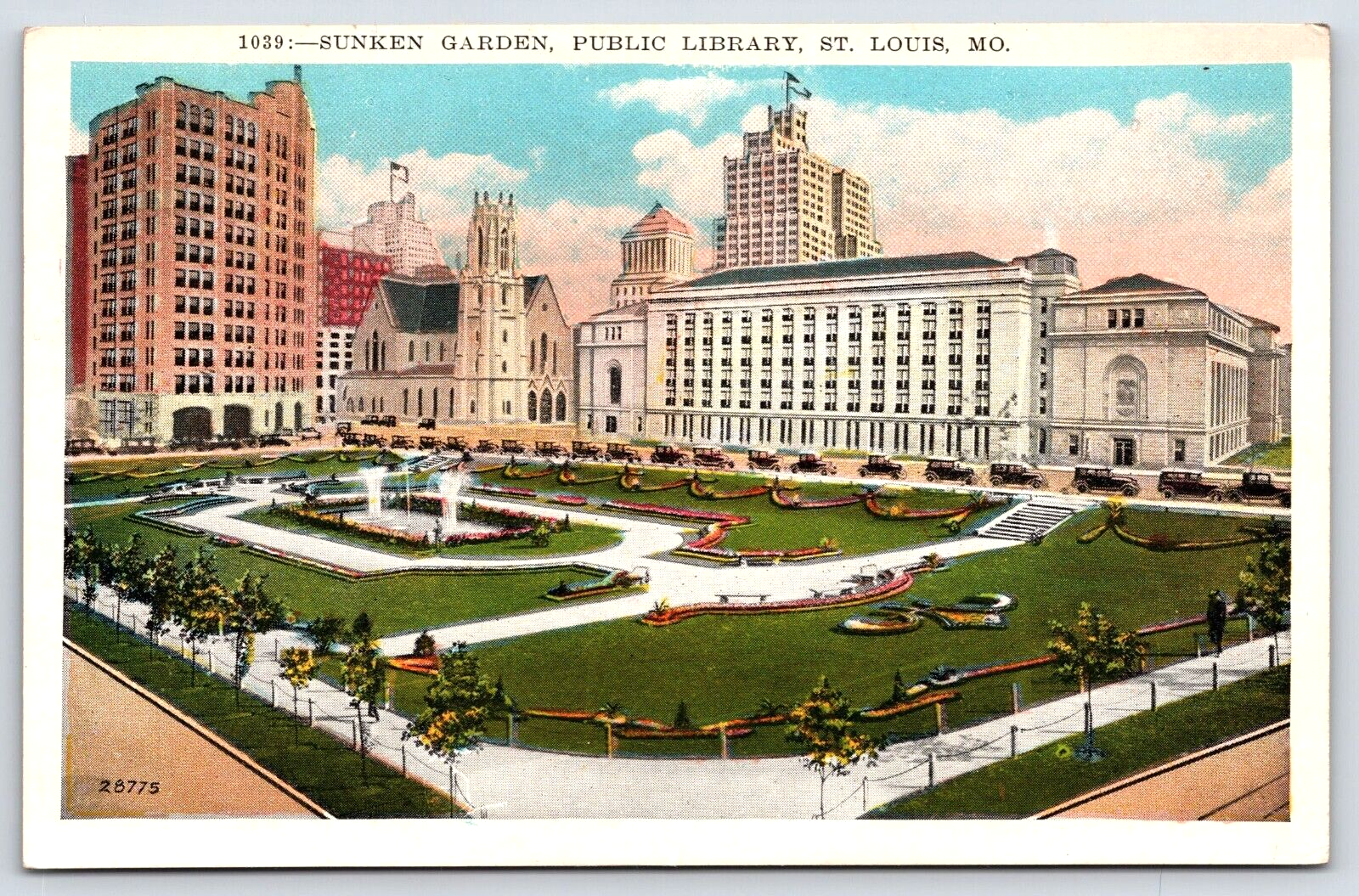 VINTAGE OLD ANTIQUE POSTCARD SUNKEN GARDEN PUBLIC LIBRARY ST. LOUIS MISSOURI USA