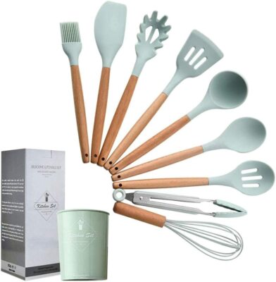 Zerobox Silikon Küchenutensilien Set - 9 Stück Natur Holzgriffe Kochen auch