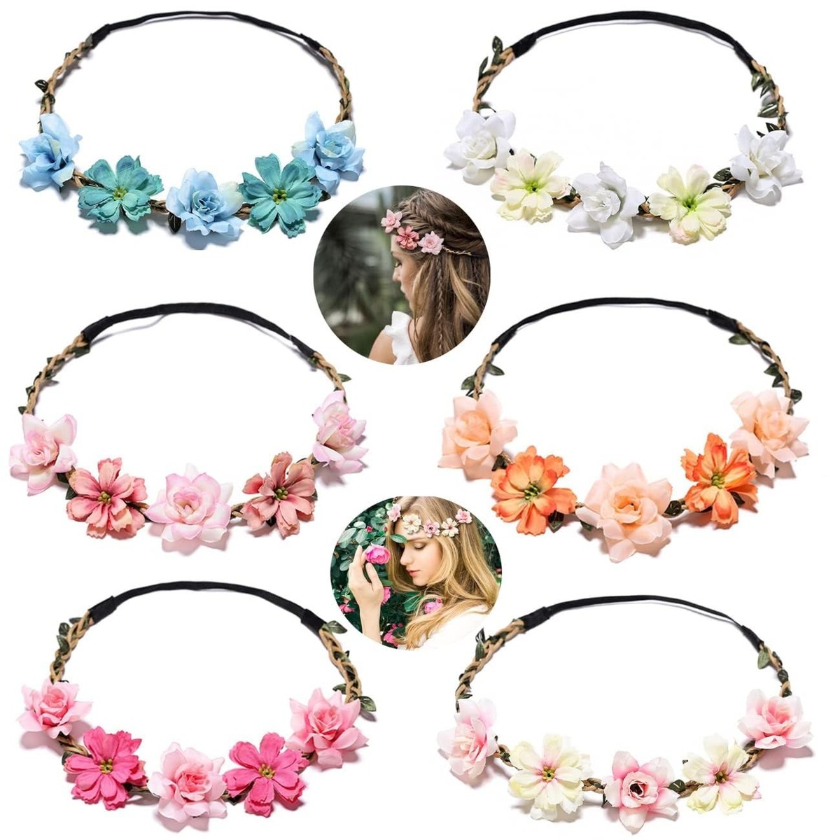 Flower Crown Wreaths Assorted Colors 16 pcs Floral Garland Headbands for Women G Colourful Summer Flower Hair Crown - Boho Flower Headband  main image 3