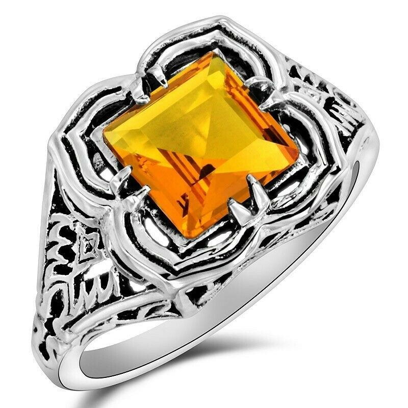 3CT Golden Citrine 925 Sterling Silver Nouveau Look Ring Sz 7 F6-4