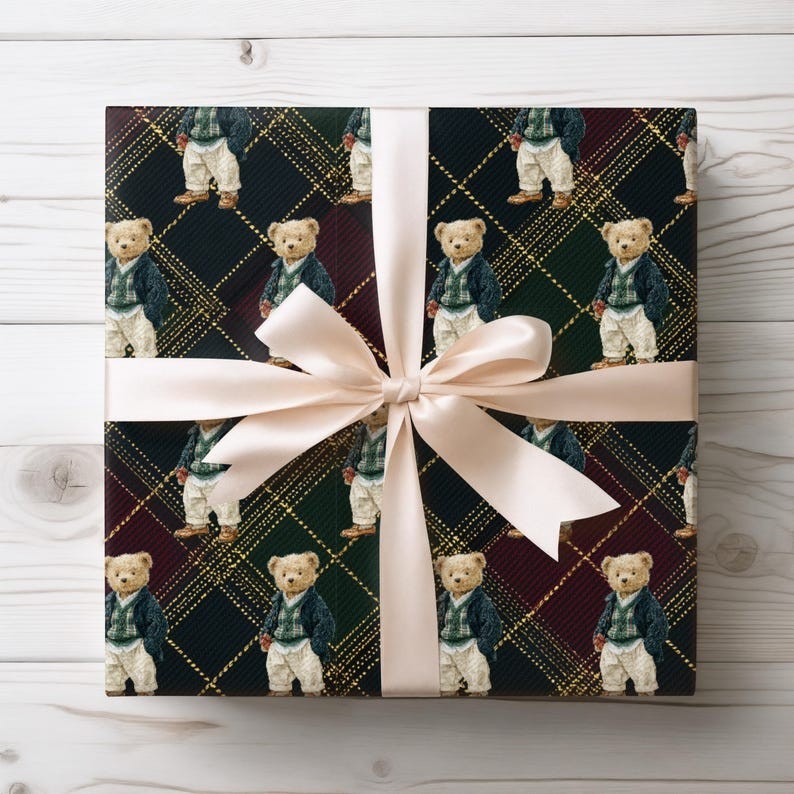 Vintage Bear Christmas Wrapping Paper, Ralph Inspired Dark P