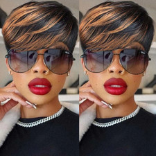 Short Pixie Cut Human Hair Wig 1/30 Highlight Machine Made Bangs