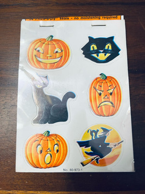 Vintage Sticker Sheet Halloween Pumpkin Black Cat Witch Trick Treat 6 Stickers