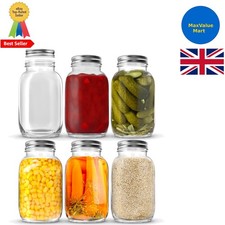 Versatile 1L Clear Mason Jars - 6 Pack with Labels and Accessories Included