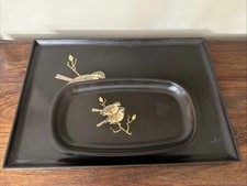 Vintage Couroc of Monterey California Black Trays Chickadees Set Of 2