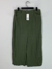 Next Green Linen Blend Midi Skirt Split Front Straight UK 14 NEW