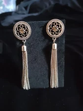 Dangle Fringe Earrings Gold Tone Star Dream Catcher Rhinestone Whimsical Classy