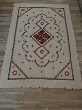 EMBROIDERED LINEN TABLECLOTH TAN, RED, GREEN, WHITE, BLACK EMBROIDERY 57x82