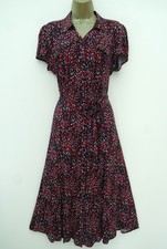 LA REDOUTE NAVY PINK RED PRINT MIDI SHIRT DRESS SIZE 16 TIE WAIST