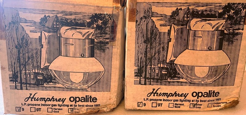 Pair NOS Humphrey Opalite Model 9 LP Propane Indoor Gas Lights Silver Gray w/Box