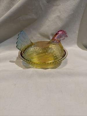 New Production Indiana Style Hen On Nest Glass Chicken Dish Multicolor 7x5 