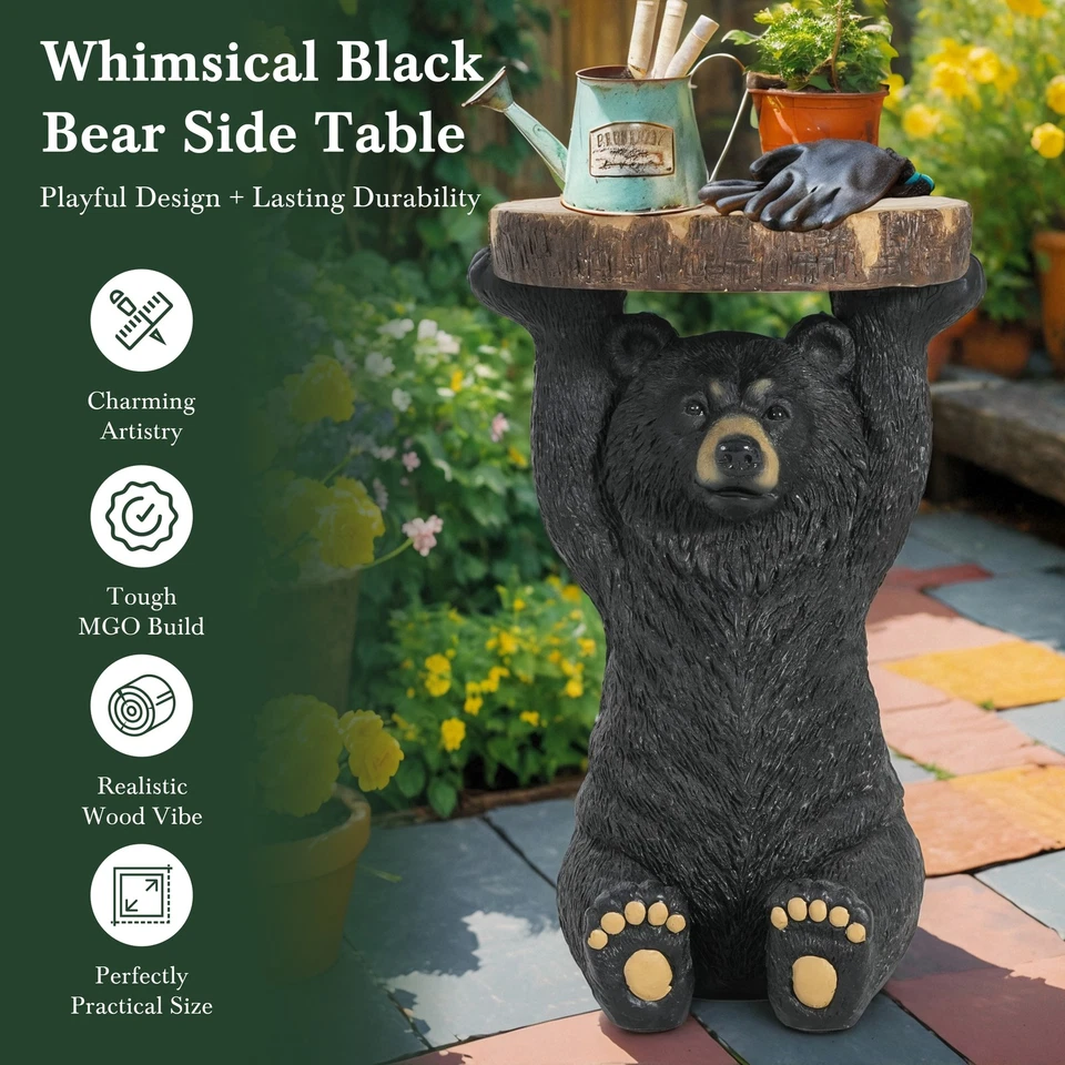Black Bear Side Table Pedestal End Table Stool,MGO Bear Statue Sculpture Decor - Image 2 of 4