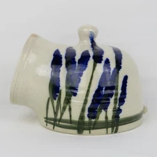 Handmade Pottery Salt Cellar Salt Pig Open Salt White with Blue & Green Cattails