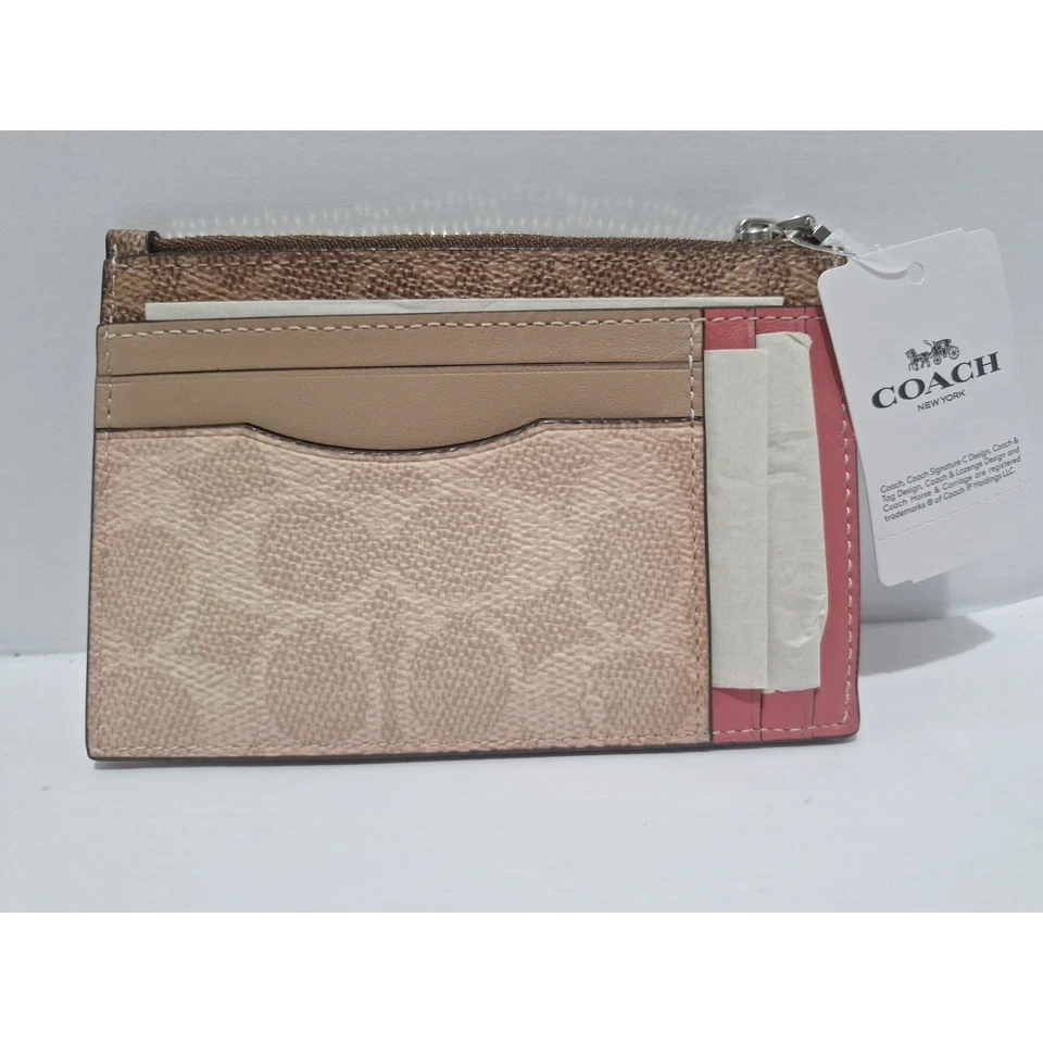 Estuche para tarjetas Coach Signature con cremallera en esquina 89484 color tostado arena orquídea nuevo con etiquetas Foto 2 de 4