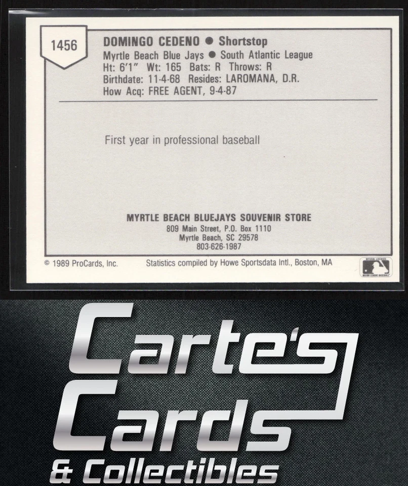 Domingo Cedeno 1989 ProCards Minor League Team Sets #1456 Myrtle Beach Blue Jays - Image 2 of 2