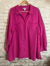 Catherines Button Up Top Womens 3X Pink Modal Long Sleeve Lightweight Roll Tab