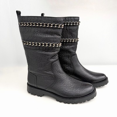 NWOT Tory Burch Connell Black Leather Mid-Calf Boots Gold Chain Women s Size 7.5