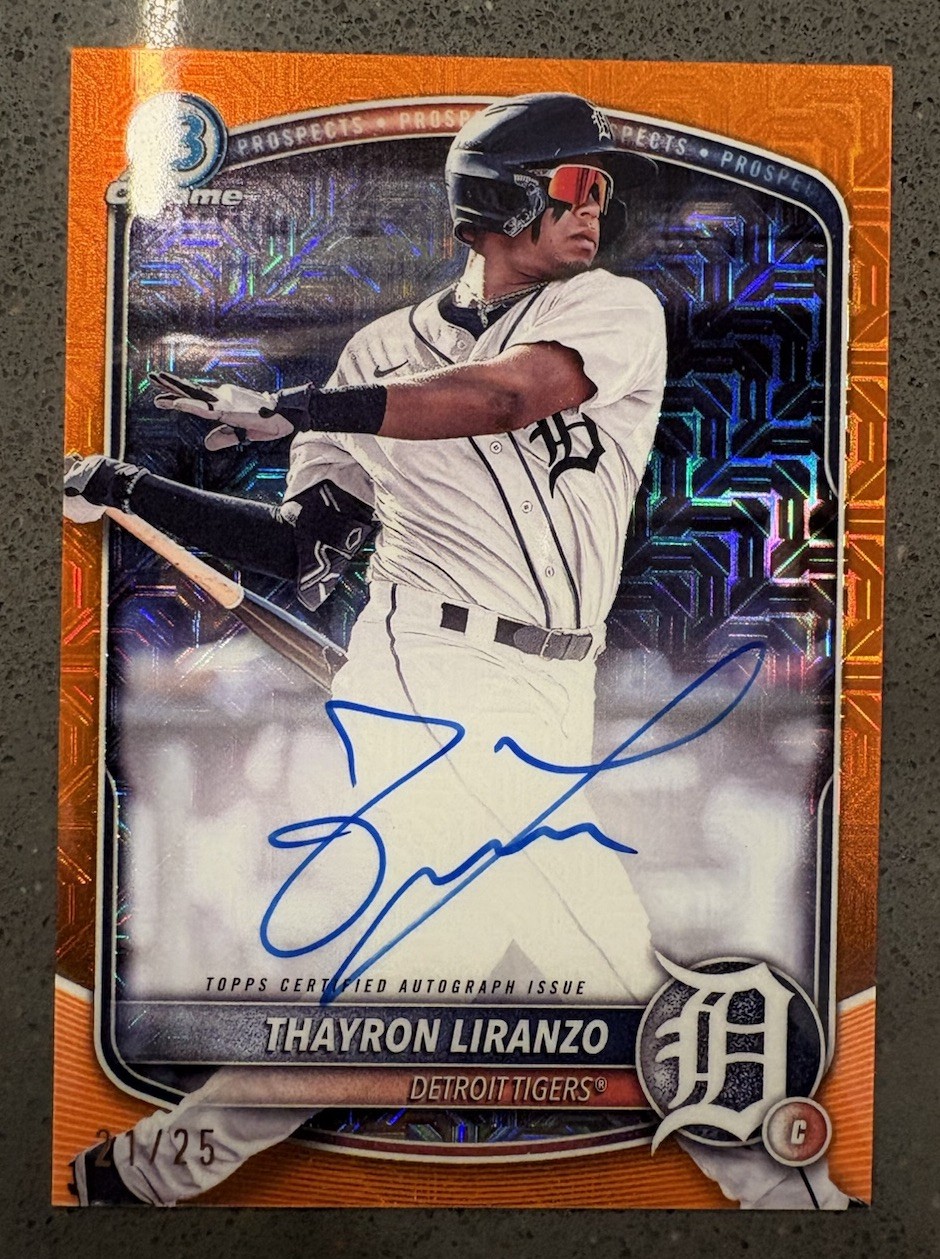 Thayron Liranzo 2025 Bowman Chrome Mega Orange Mojo AUTO /25 Detroit Tigers