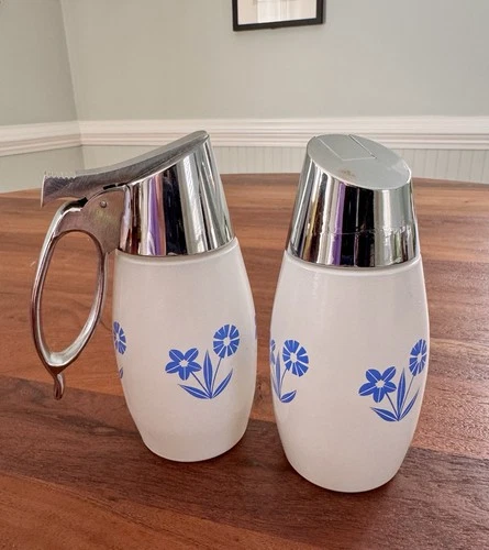Vintage MCM Gemco Blue Cornflower Cream & Sugar Or Syrup Set Milk Glass MINT