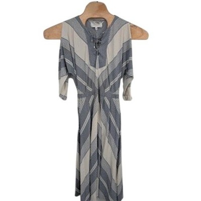 Derek Lam 10 Crosby Women's Silk Midi Dress Grey Cream chevron cold shoulder 2