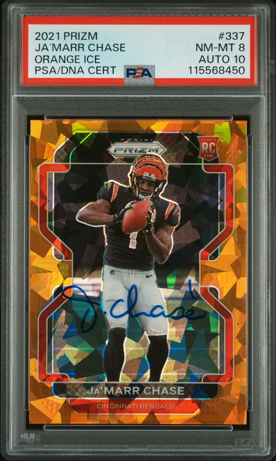 Ja'Marr Chase 2021 Panini Prizm Orange Ice Signed Rookie Card #337 PSA 8 Auto 10
