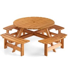 8-Person Round Picnic Table Set w/ 4 Built-in Benches 2" Umbrella Hole